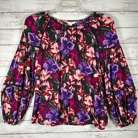Terra & Sky Garden Floral Peasant Rayon Blouse Balloon Sleeve Top Sz 0X 14W - Picture 1 of 8